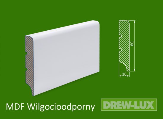 Listwa przypodłogowa MDF biała lakierowana - 80 x 16 R5 PLUS - wilgocioodporna